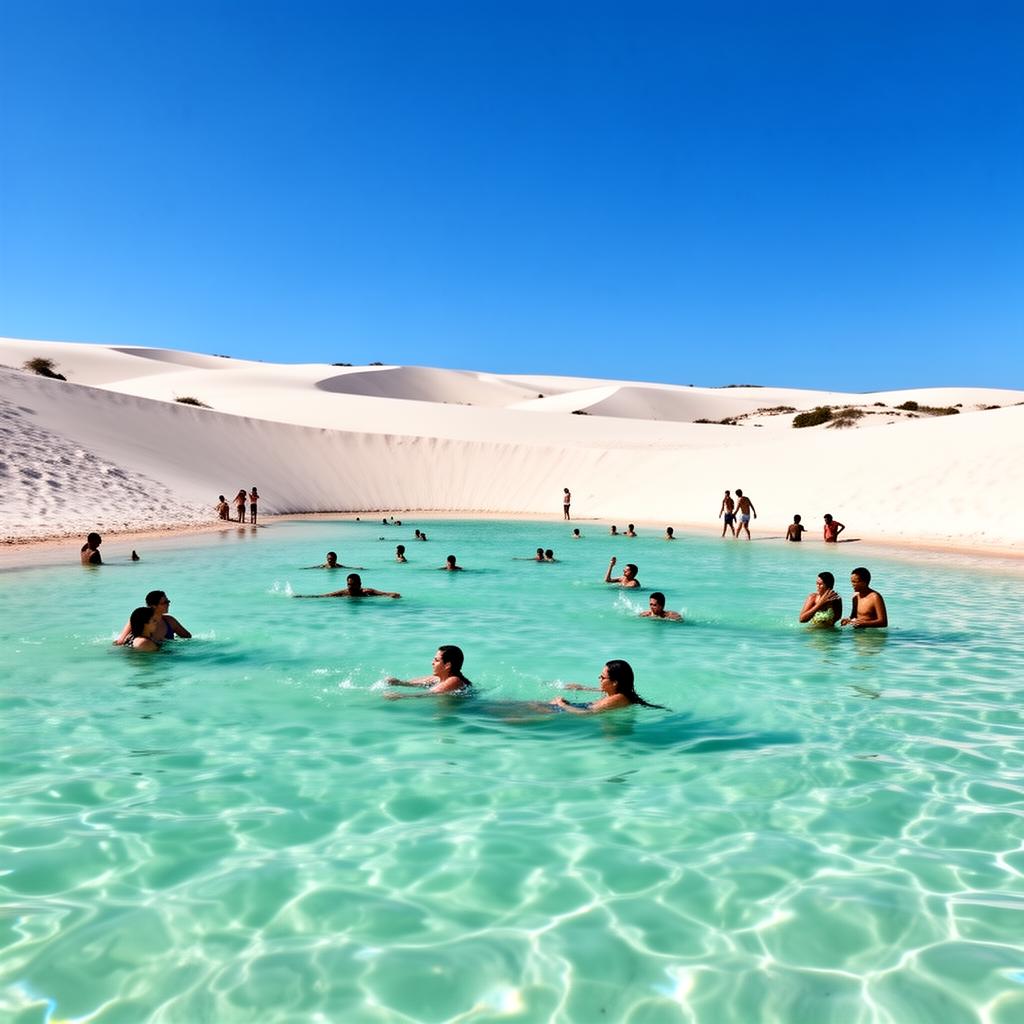 Turistas nadando nas lagoas cristalinas dos Lençóis Maranhenses