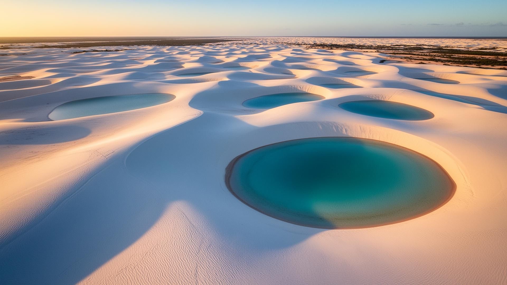 Vista aérea dos Lençóis Maranhenses com lagoas azuis e dunas brancas - Santo Amaro MA